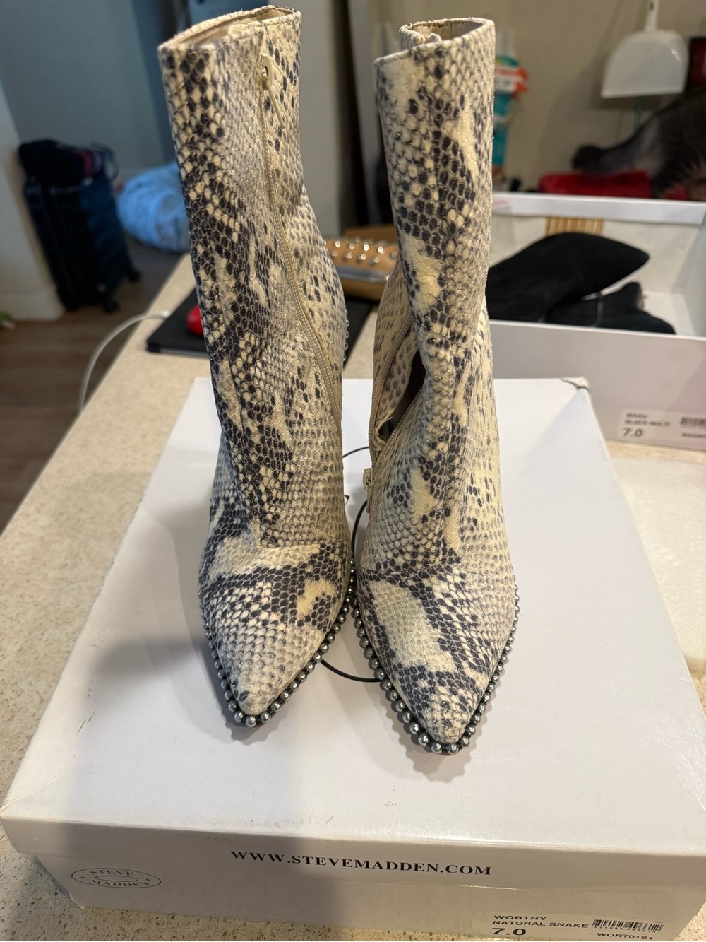 Steve Madden Beige and Black Snake-Print Pointed Toe Heeled Boots